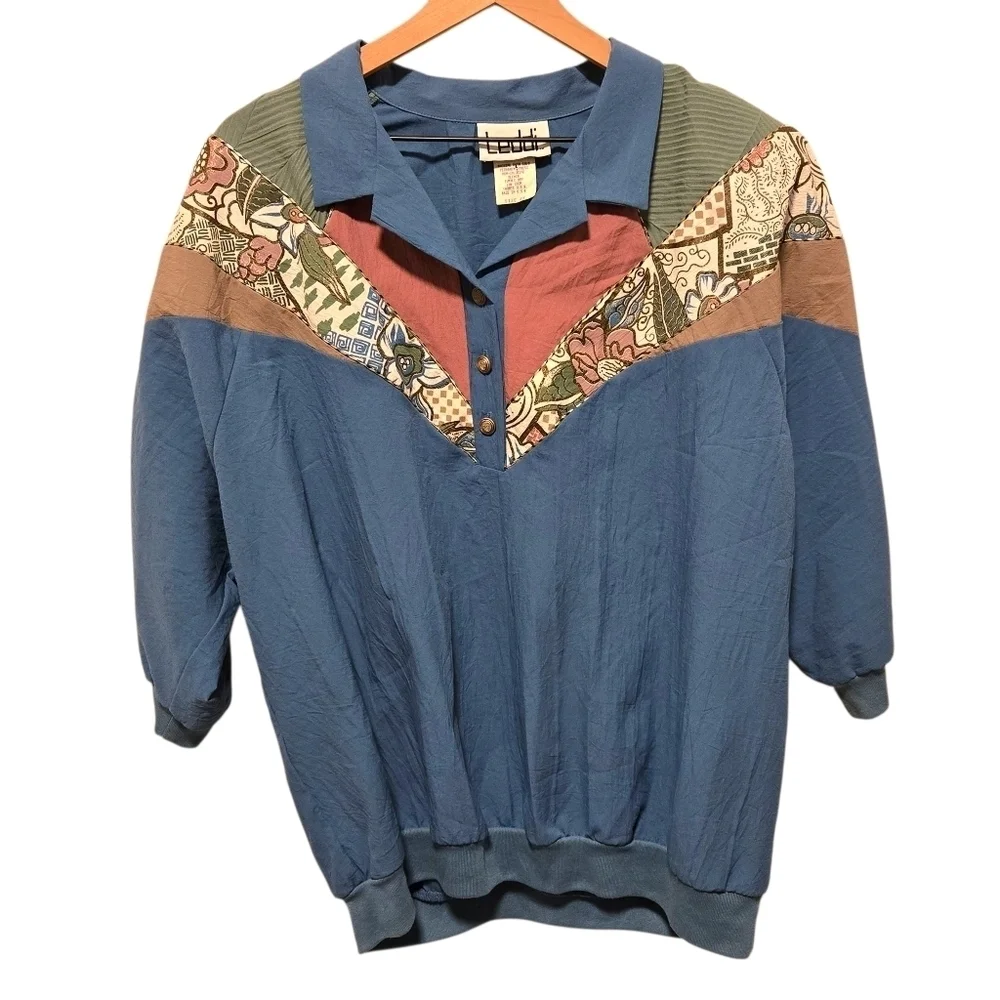 Teddi Vintage 80s Floral Abstract Colorblock Long Sleeve Pullover Size 2X